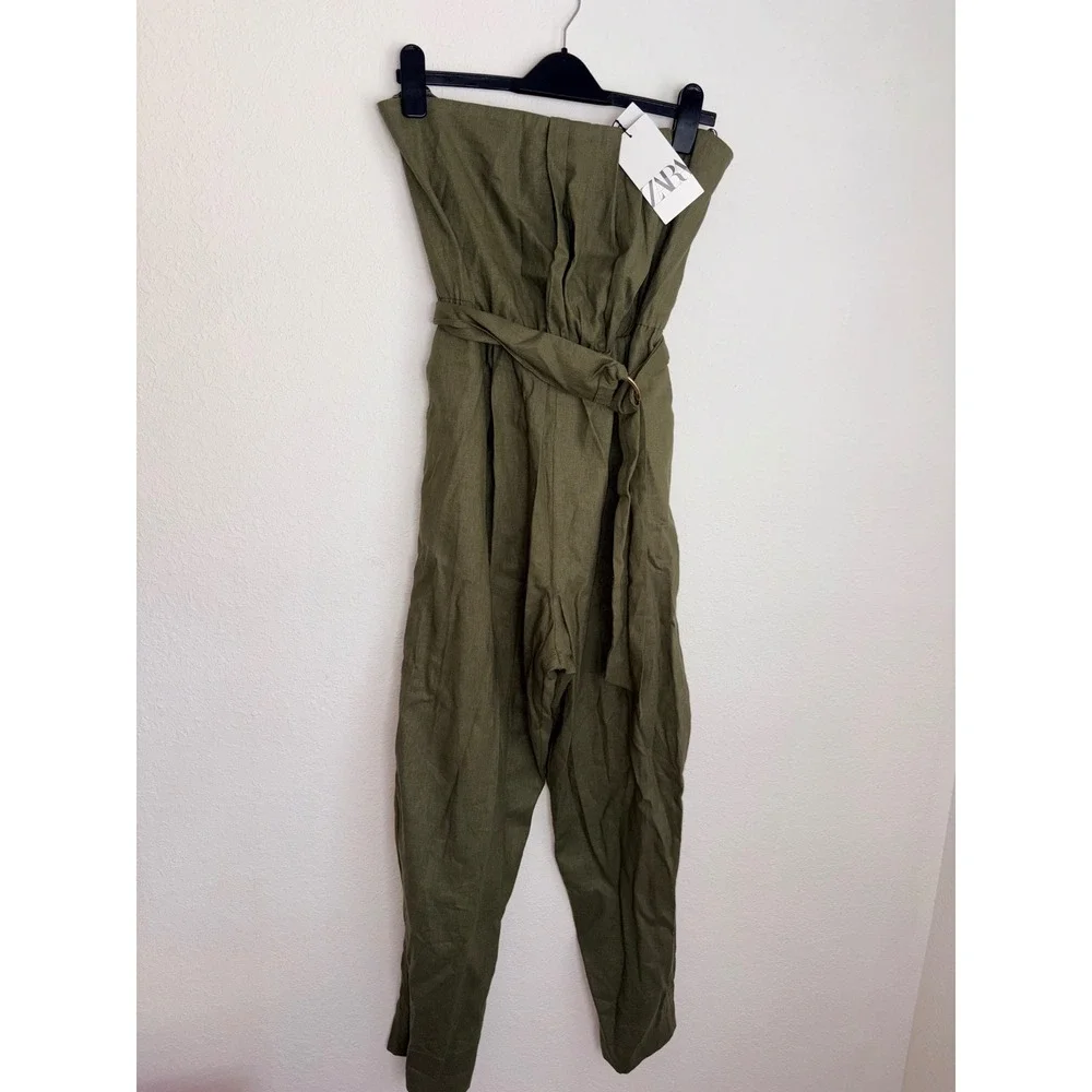 Zara Strapless bandeau Linen Blend Jumpsuit large Olive Green Belted pantsuit